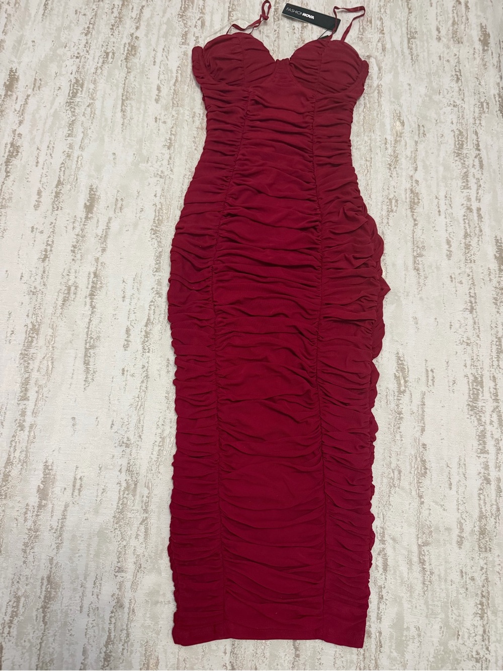 Fashion Nova Burgundy Ruched Bodycon Midi Dress